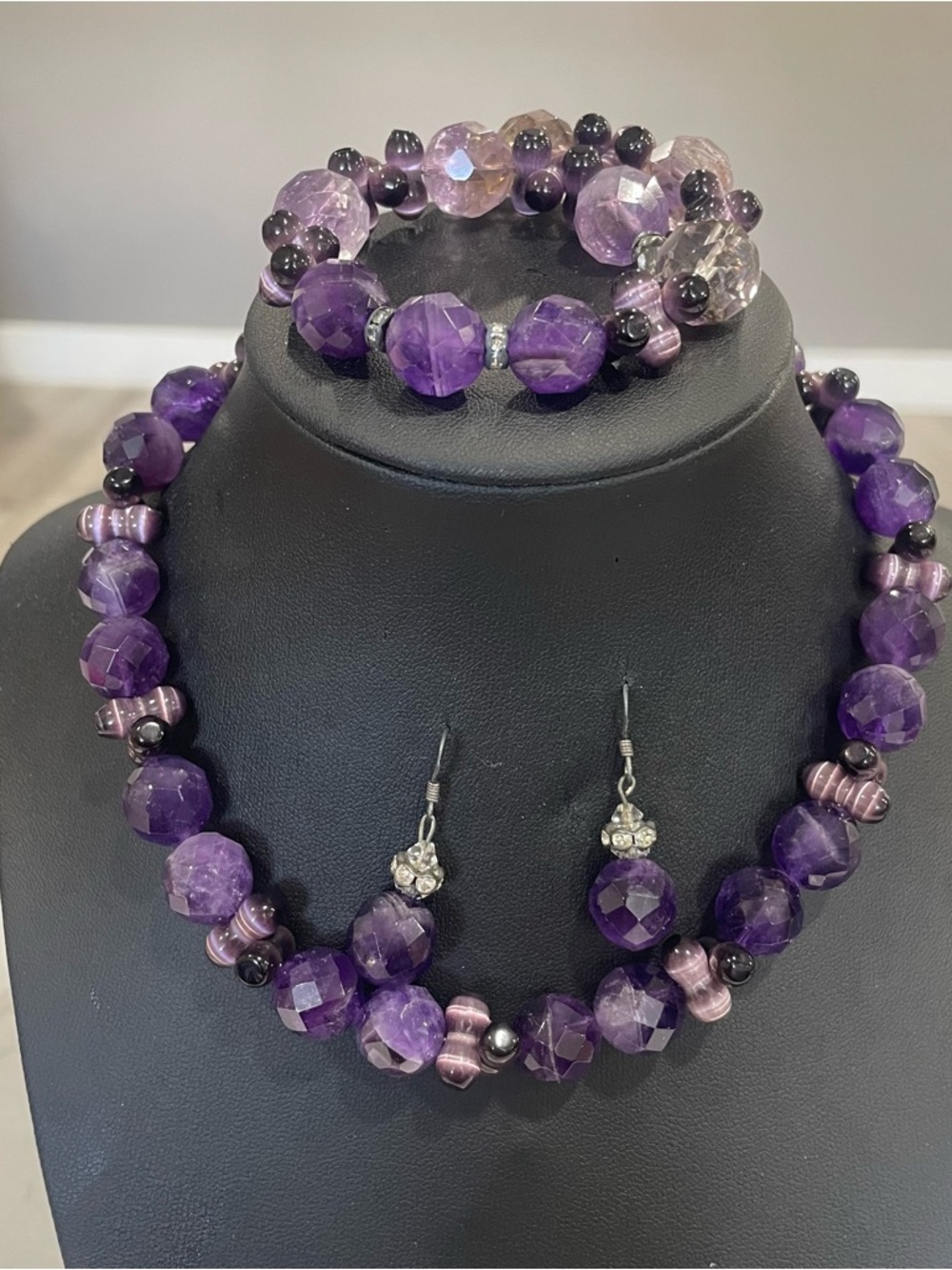 Natural Amethyst Beads Necklace, Bracelet & Earring Set - Women Jewelry